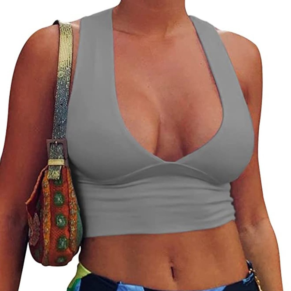 Women Deep V Neck Back Cutout Sleeveless Plunge Racerback Tank Cropped Top